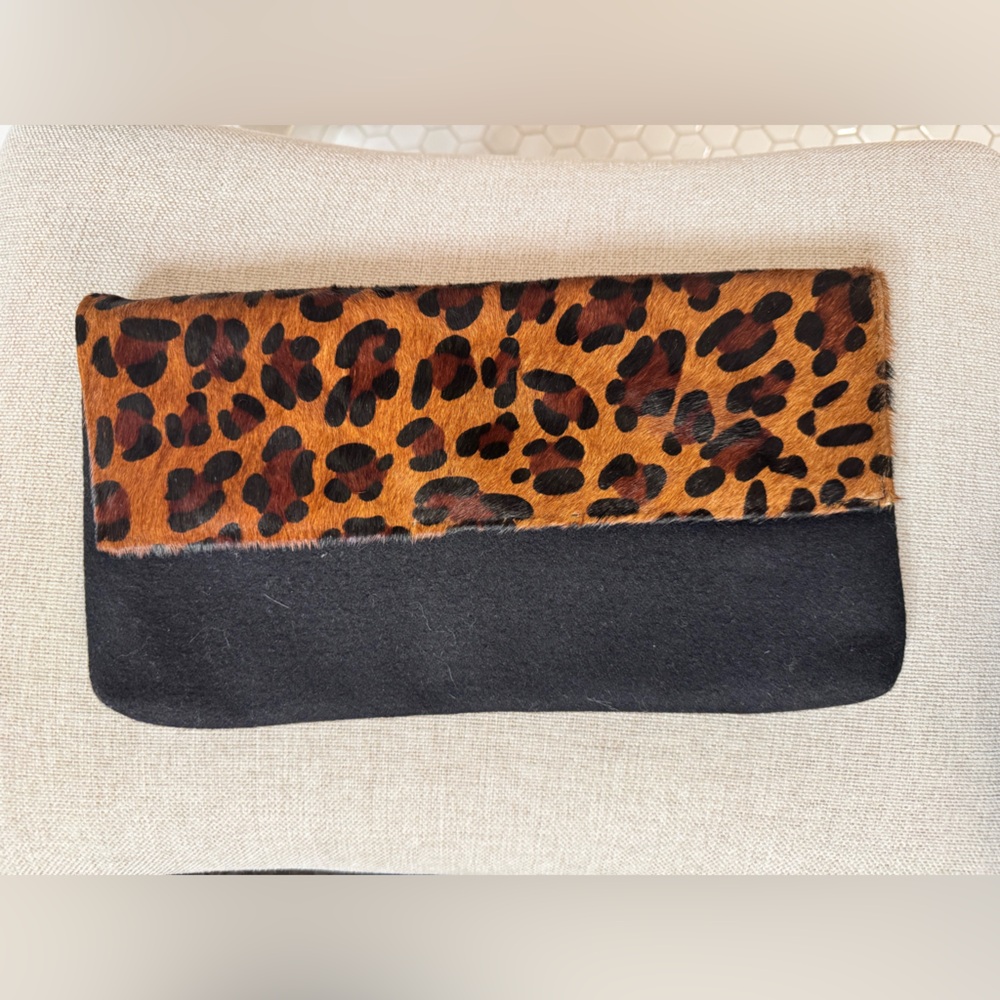 BujiBaja Calf Hair & Wool Clutch – Leopard Print with magnetic closure